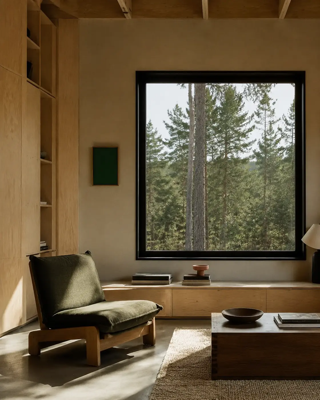 Warm NOMA interior with natural oak joinery and a framed view of Nordic pines