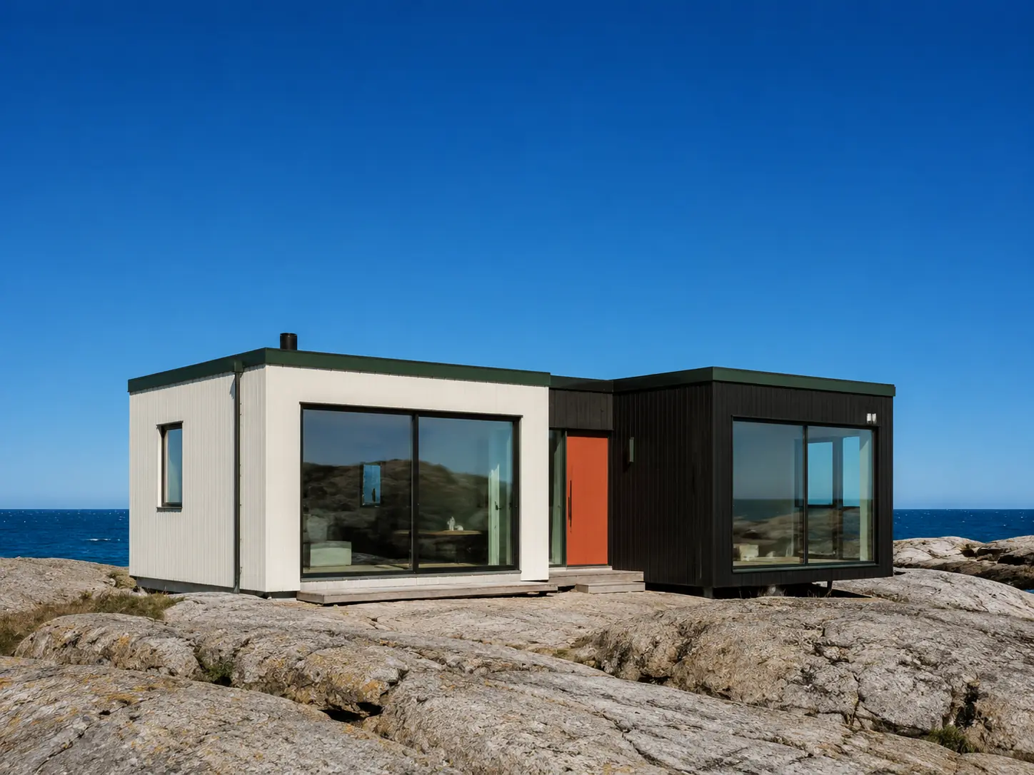 Compact NOMA 45 modular retreat on a rocky Nordic coastline