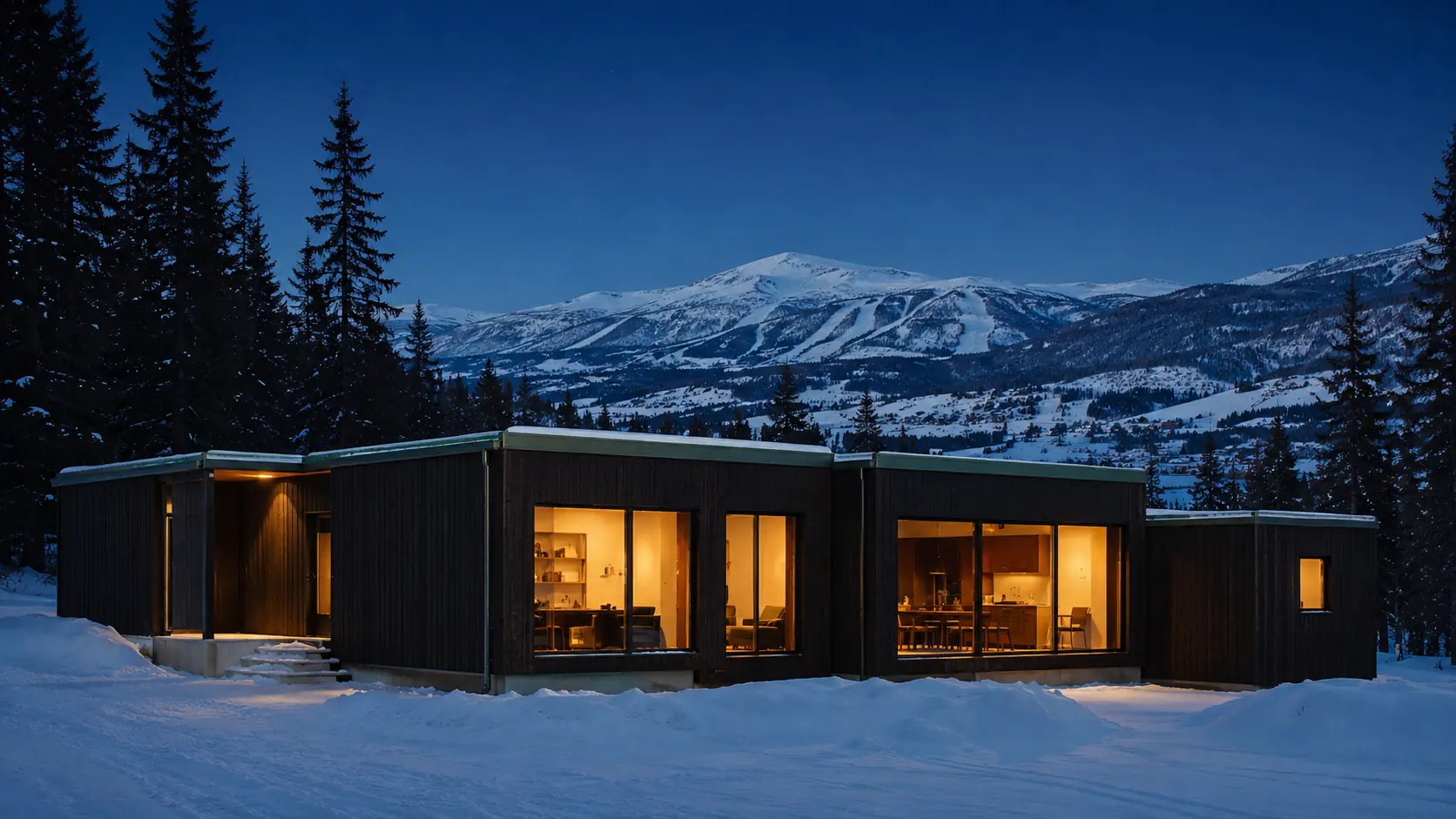 Pine House glowing at winter dusk between dark pines and the Åre mountain valley