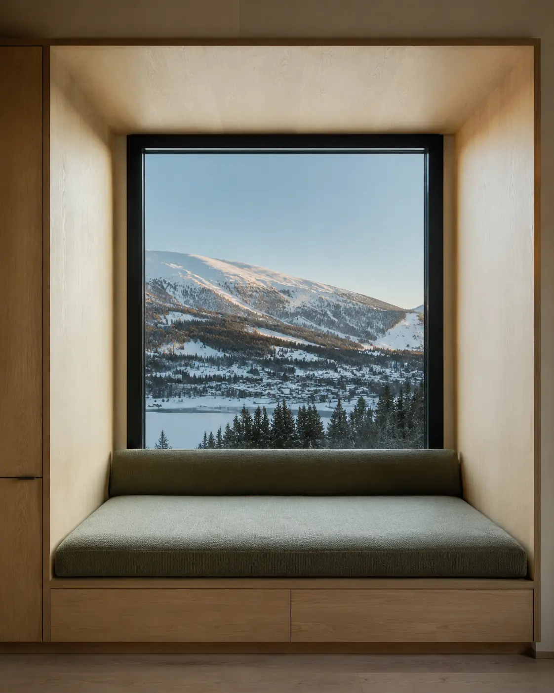Oak-lined Pine House window seat framing the snowy mountain valley