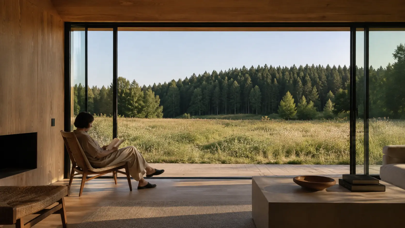 A quiet morning reading beside open sliding doors overlooking a Nordic meadow