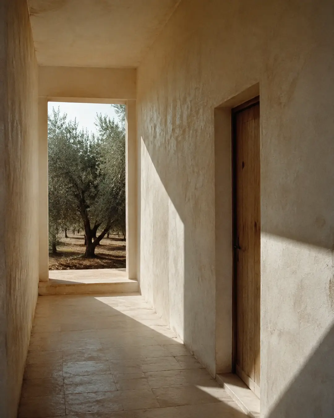 Limewashed corridor opening toward the Aster House olive grove