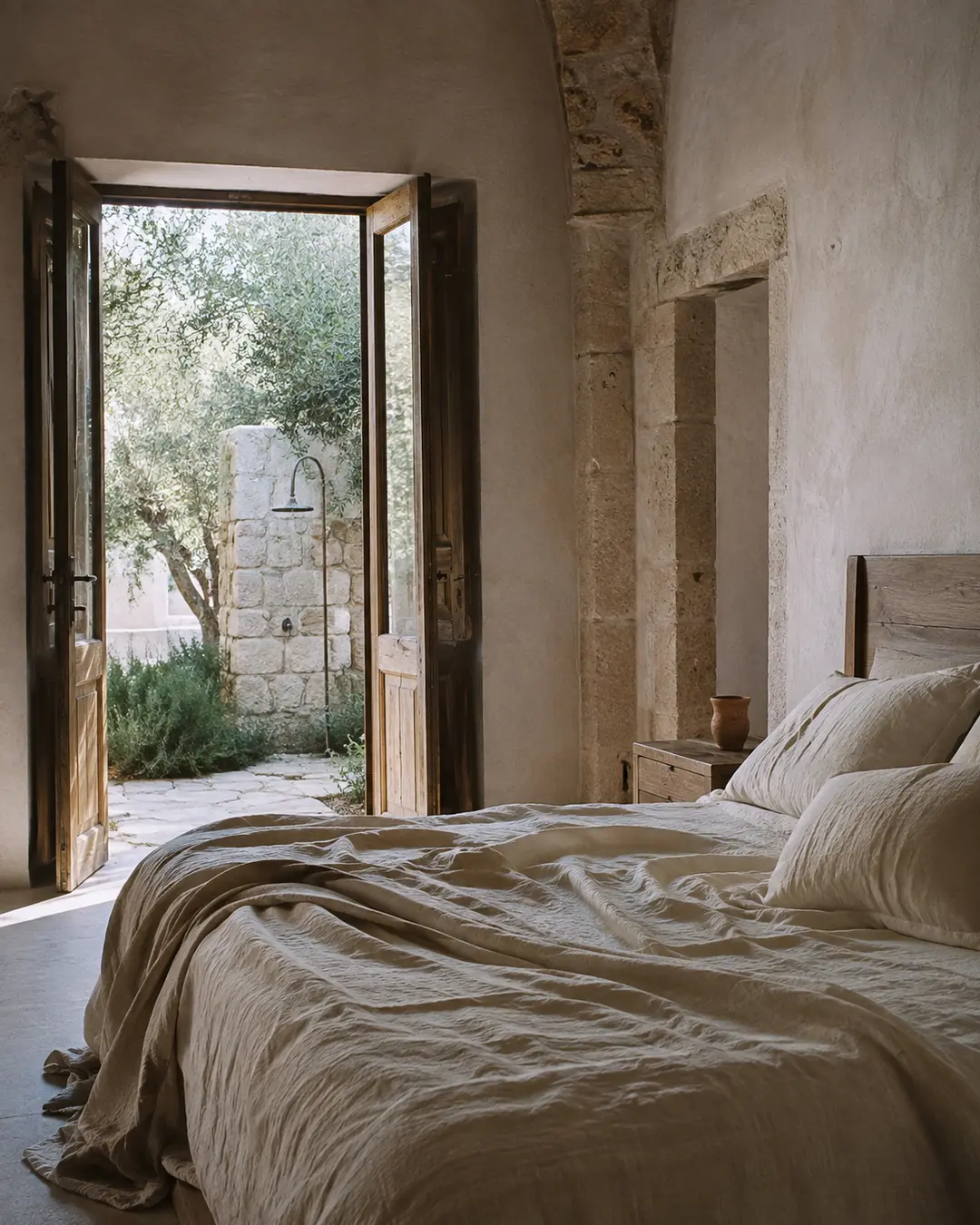 Garden Suite bedroom with natural linen, stone walls and doors opening outdoors