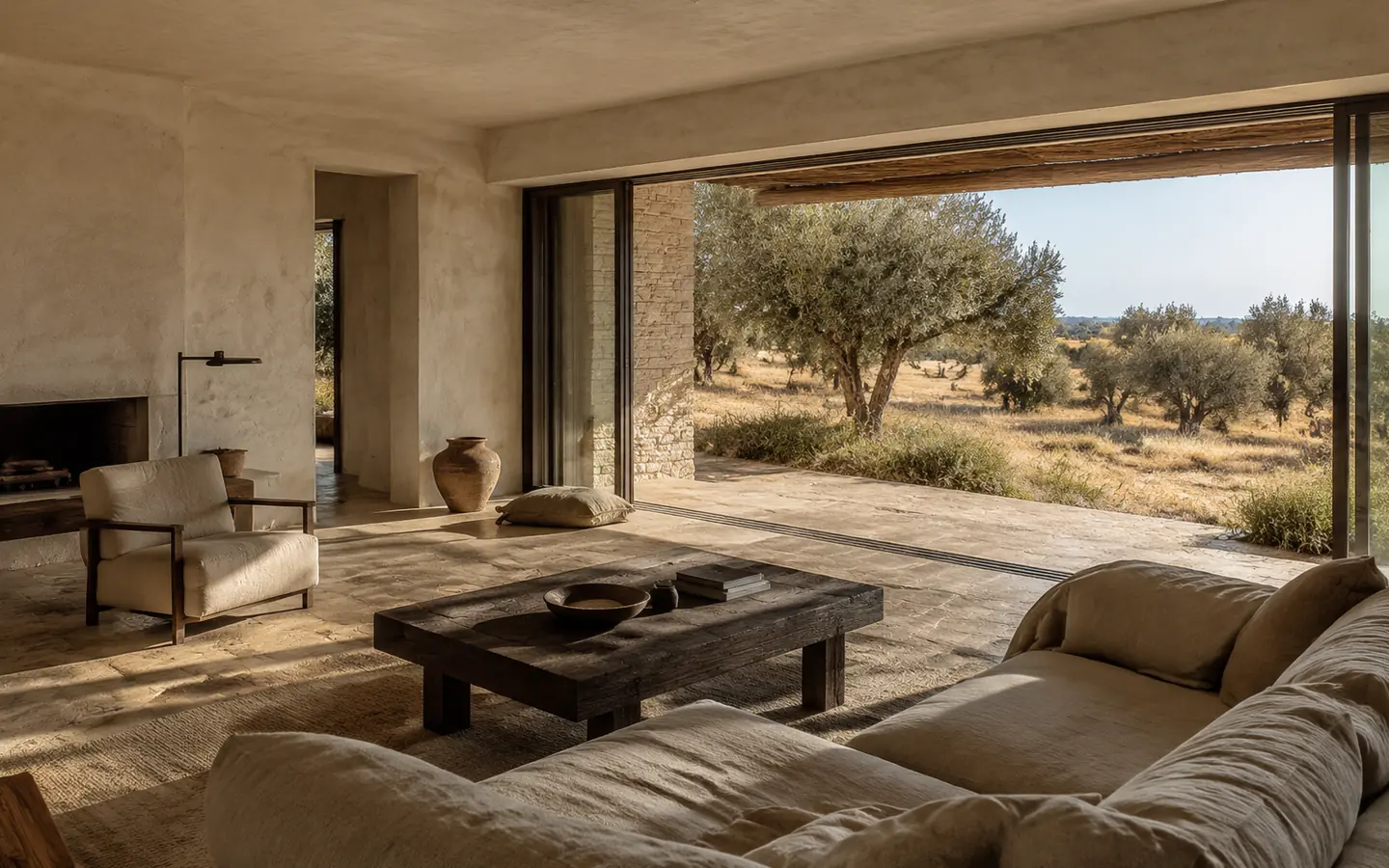 Aster Suite living room with sculptural furniture and panoramic sliding doors