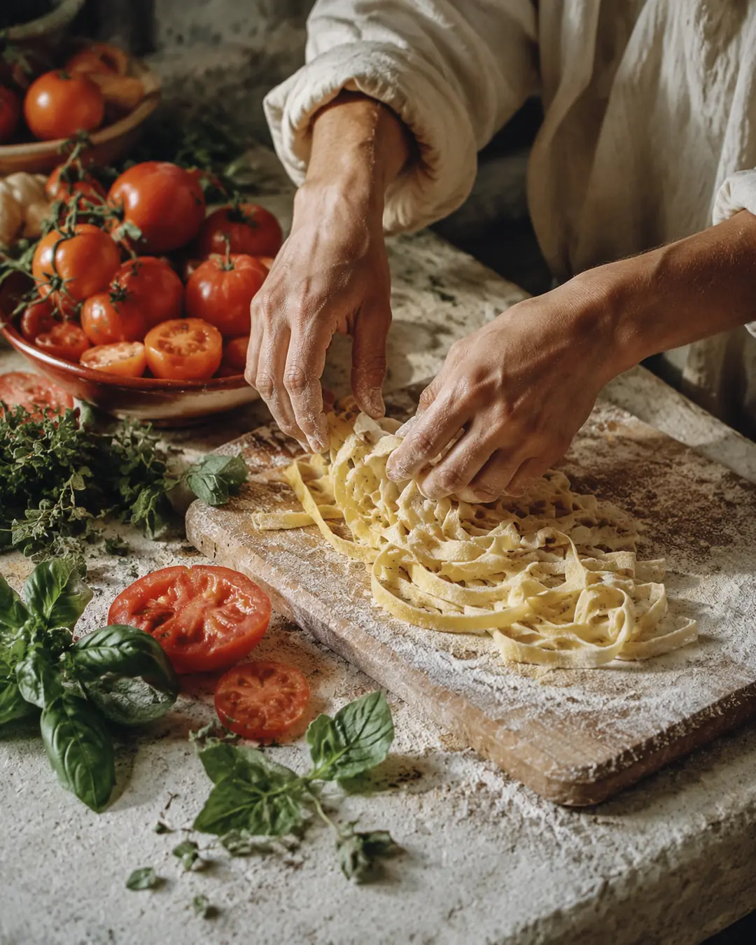 Hands preparing seasonal Mediterranean ingredients at a stone kitchen table