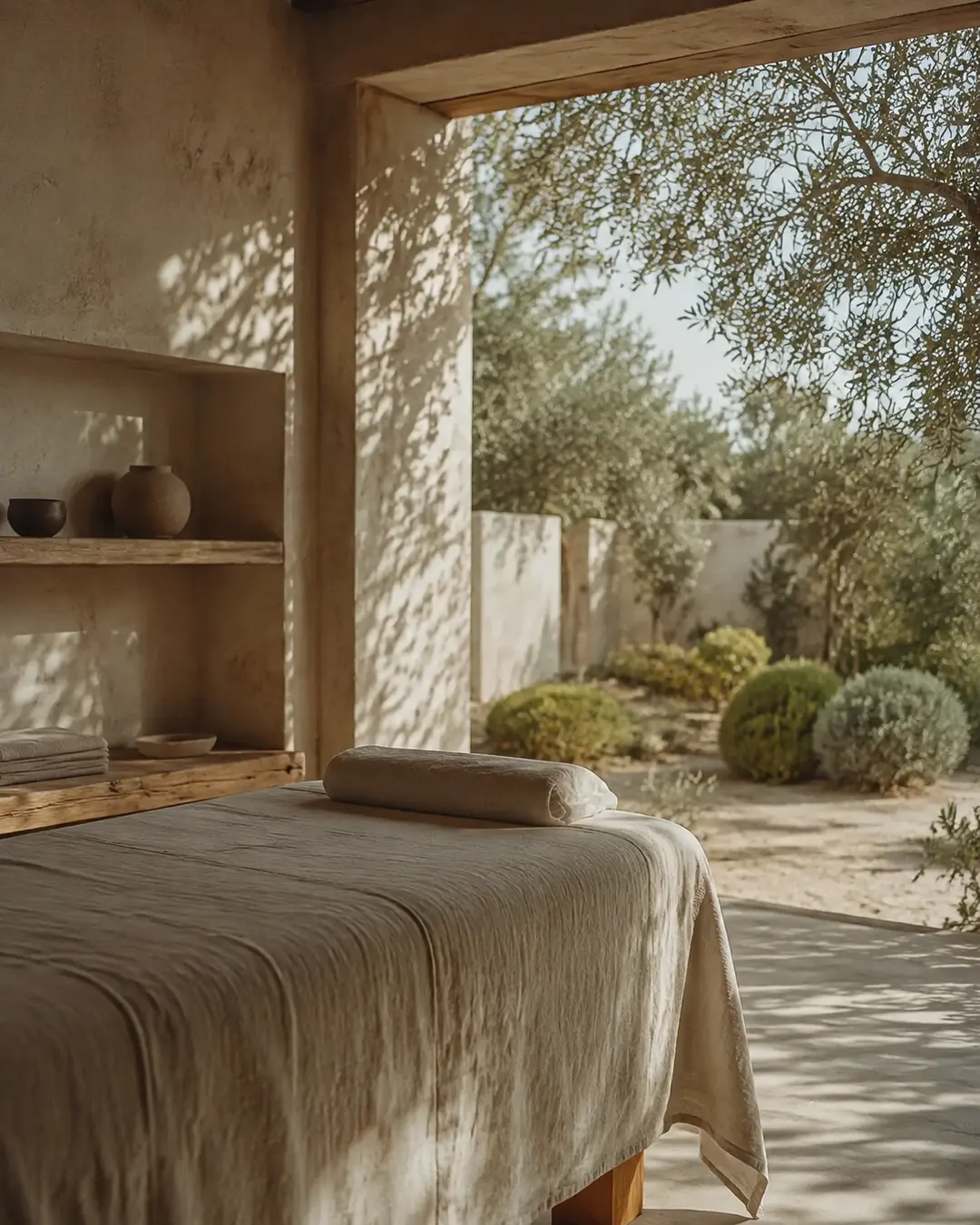 Open-air massage room framed by an olive garden