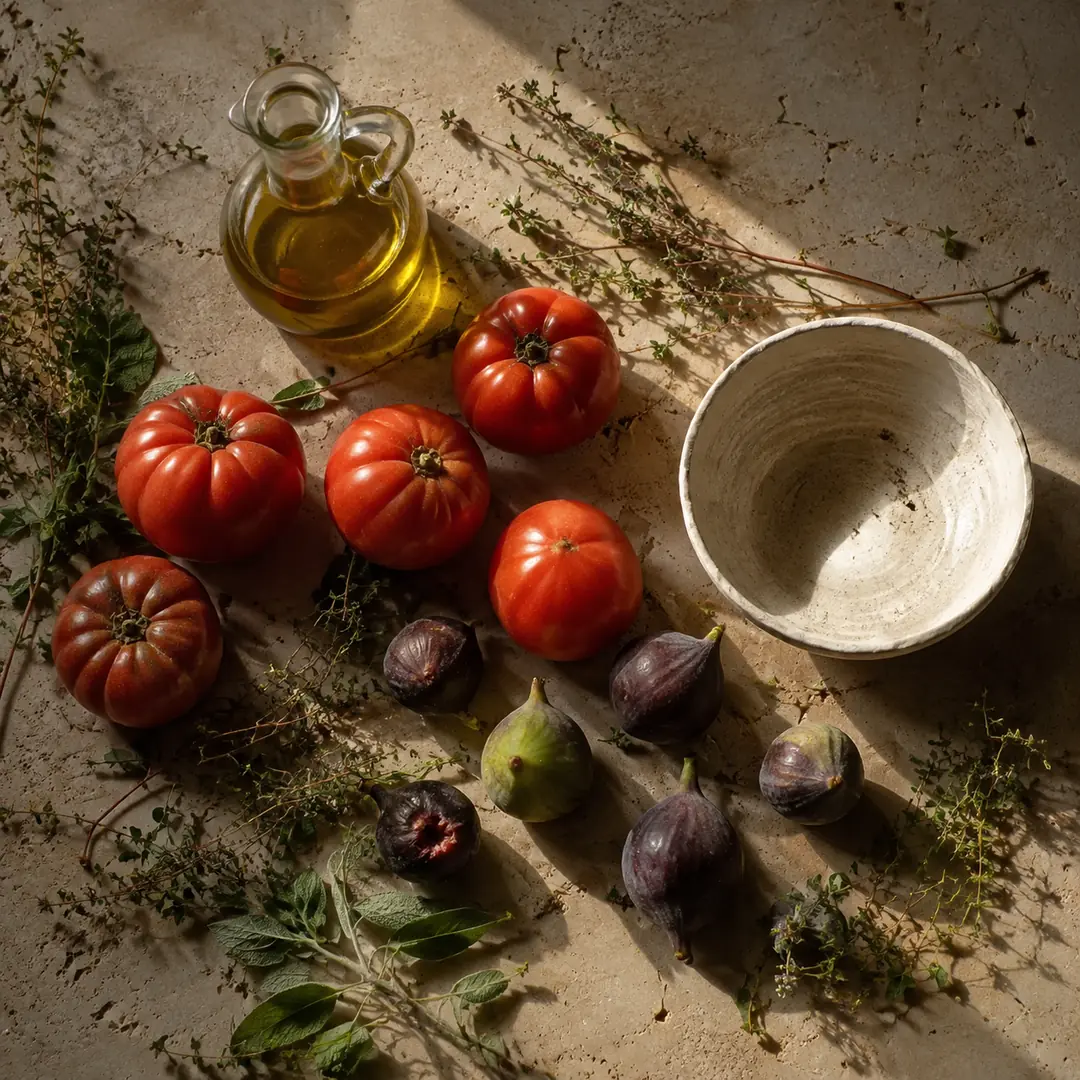 Tomatoes, figs, herbs and olive oil arranged on local stone