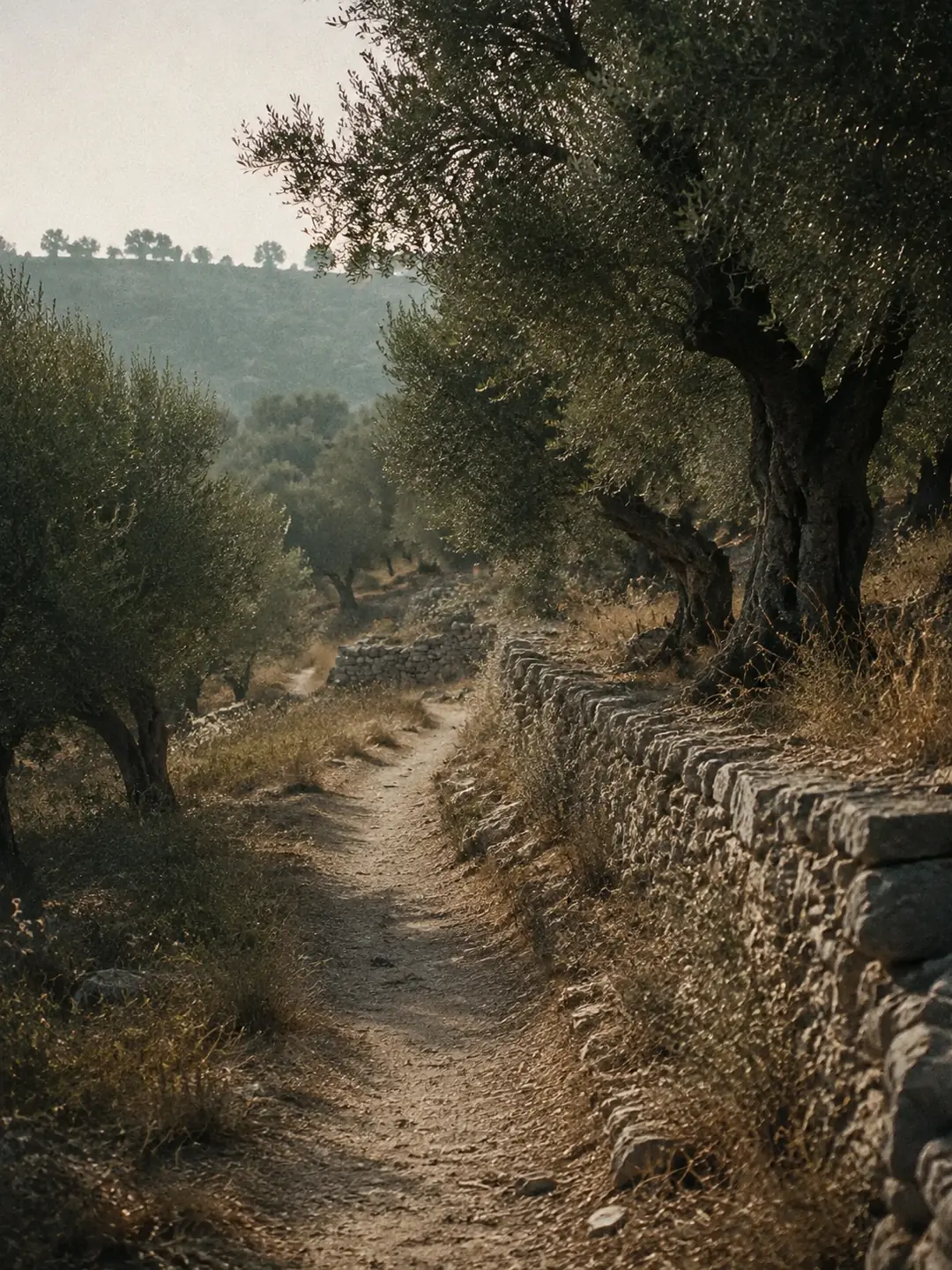 A narrow path winding between olive trees and old stone walls