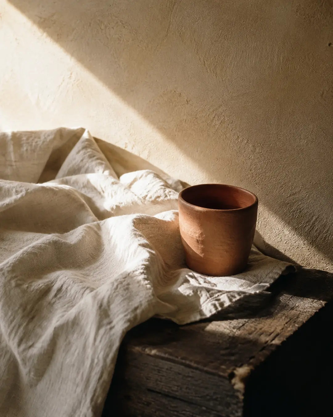 A tactile composition of linen, ceramic, timber and warm plaster