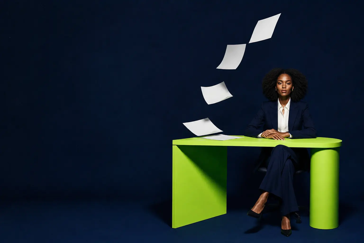 A business founder in a navy studio with floating documents
