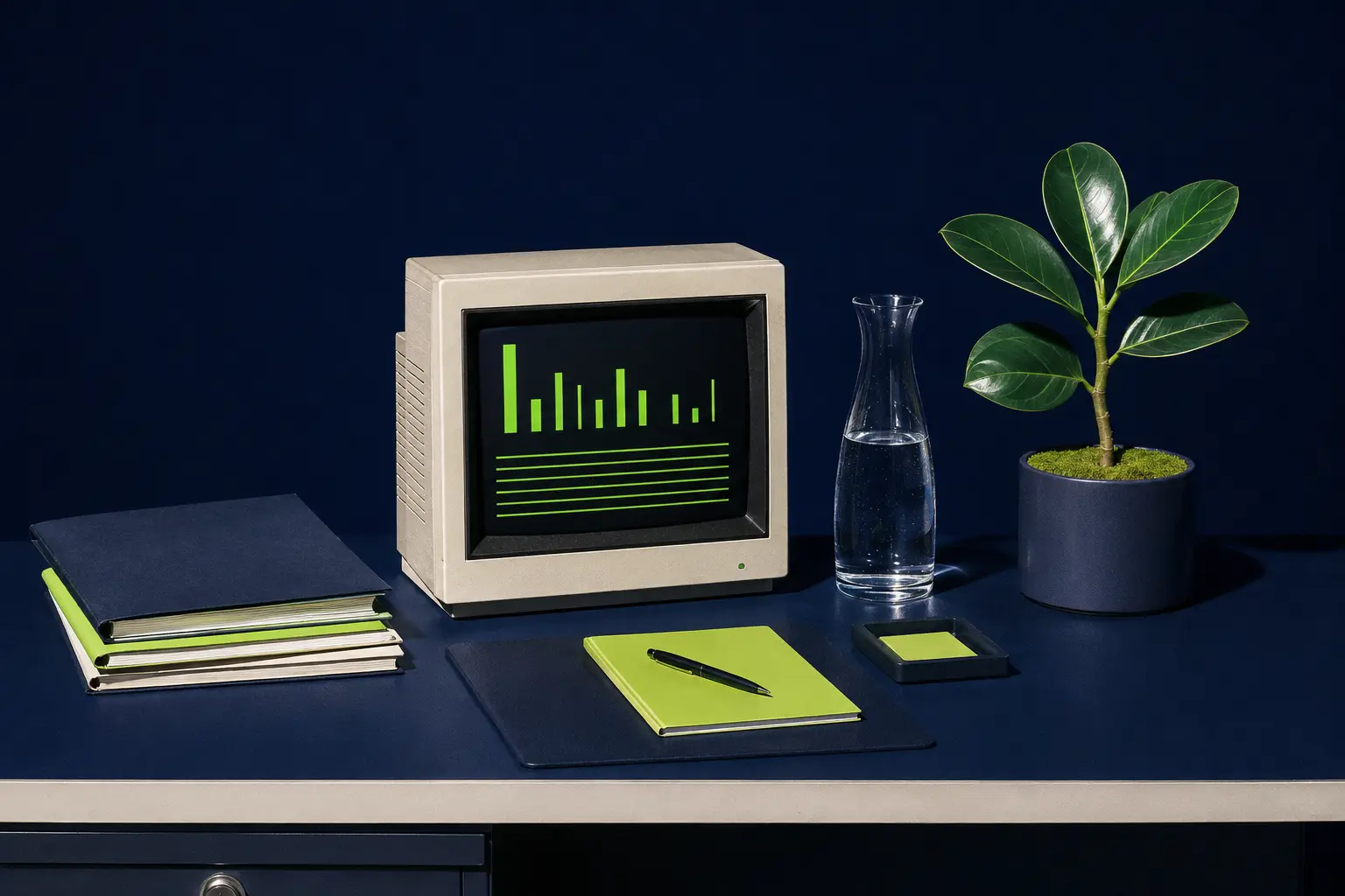 A carefully arranged retro financial workspace with abstract charts